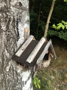 Granparent's old bird house. Someone fixed the roof.